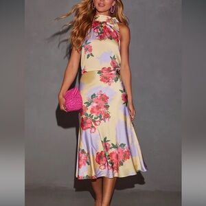Vici Floral Print Satin Halter Blouse and Midi Skirt Set